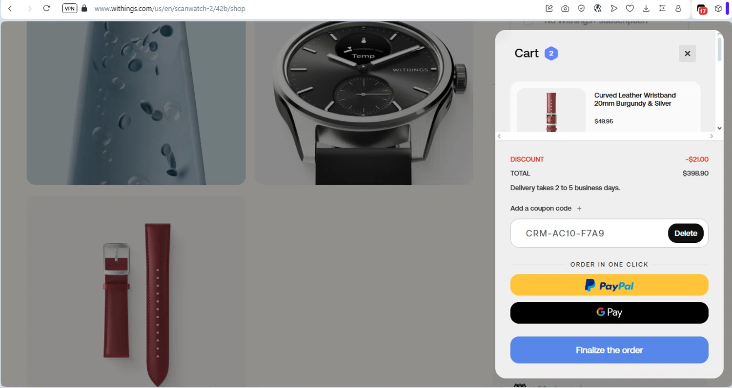 Withings checkout page showing Withings coupon code box | Screenshot taken by SimplyCodes community member on Jul 21, 2025