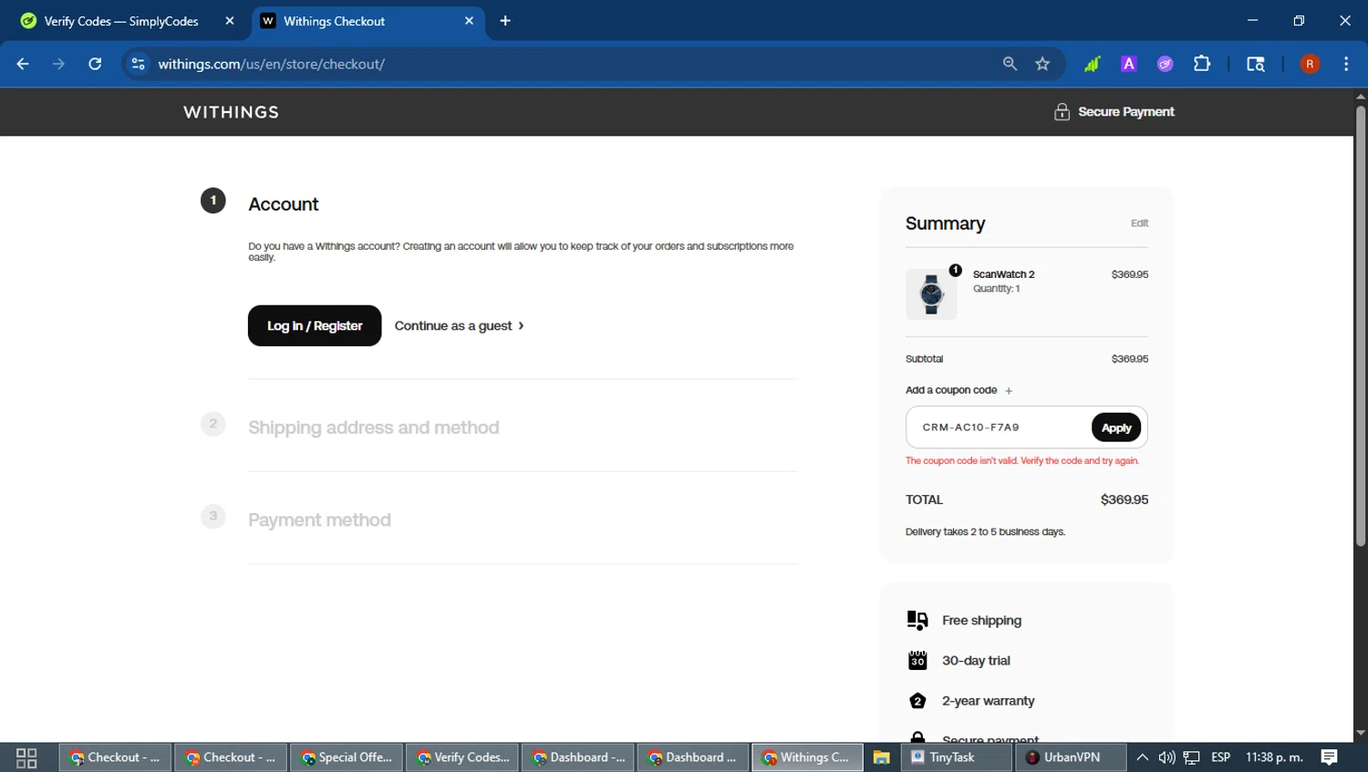 Withings coupon code screenshot showing code CRM-AC10-F7A9 applied at Withings checkout page. Uploaded by SimplyCodes community member robertotorrealba on Jan 12, 2026
