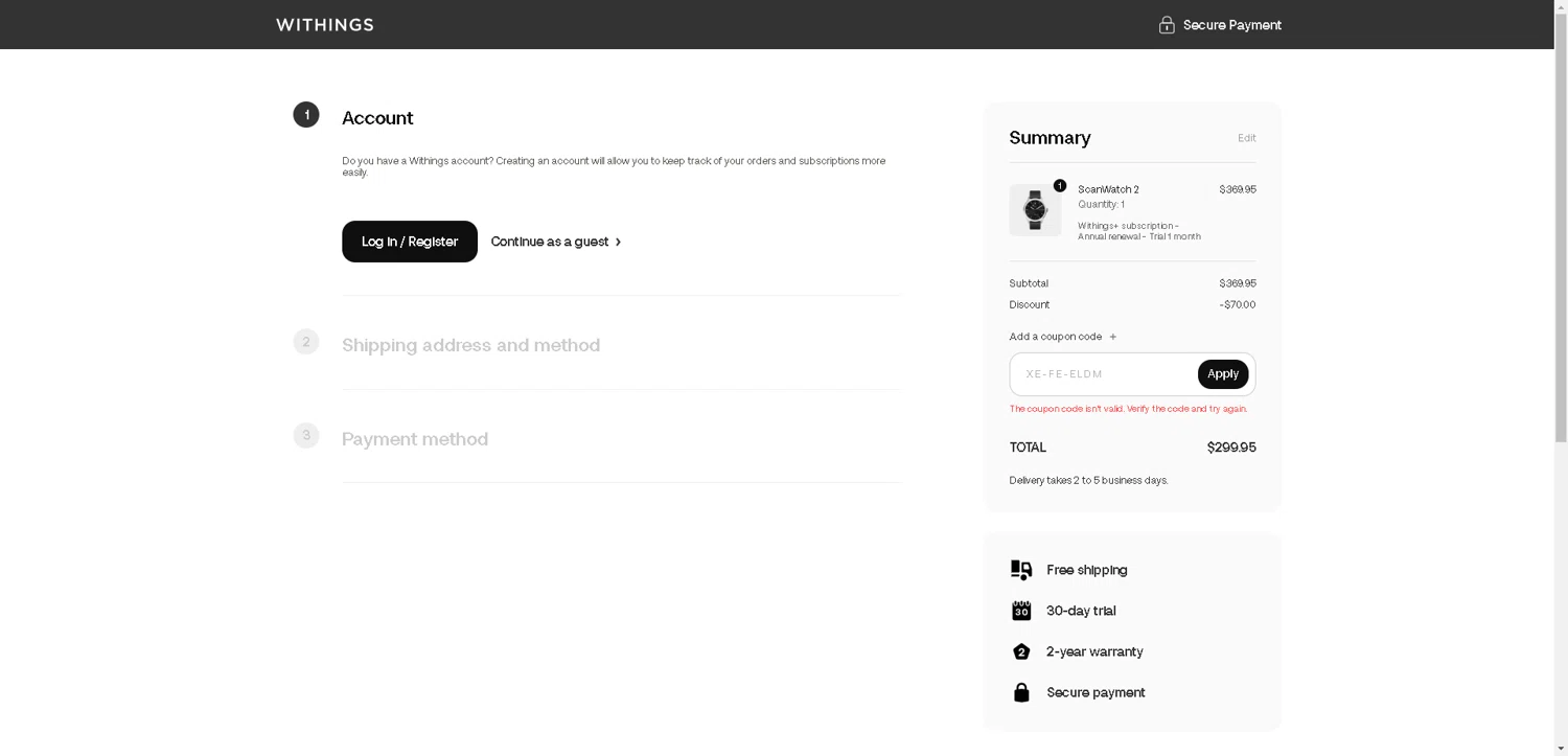 Withings coupon code screenshot showing code A-AUGE-16VM applied at Withings checkout page. Uploaded by SimplyCodes community member BargainCurator5453 on Sep 1, 2025