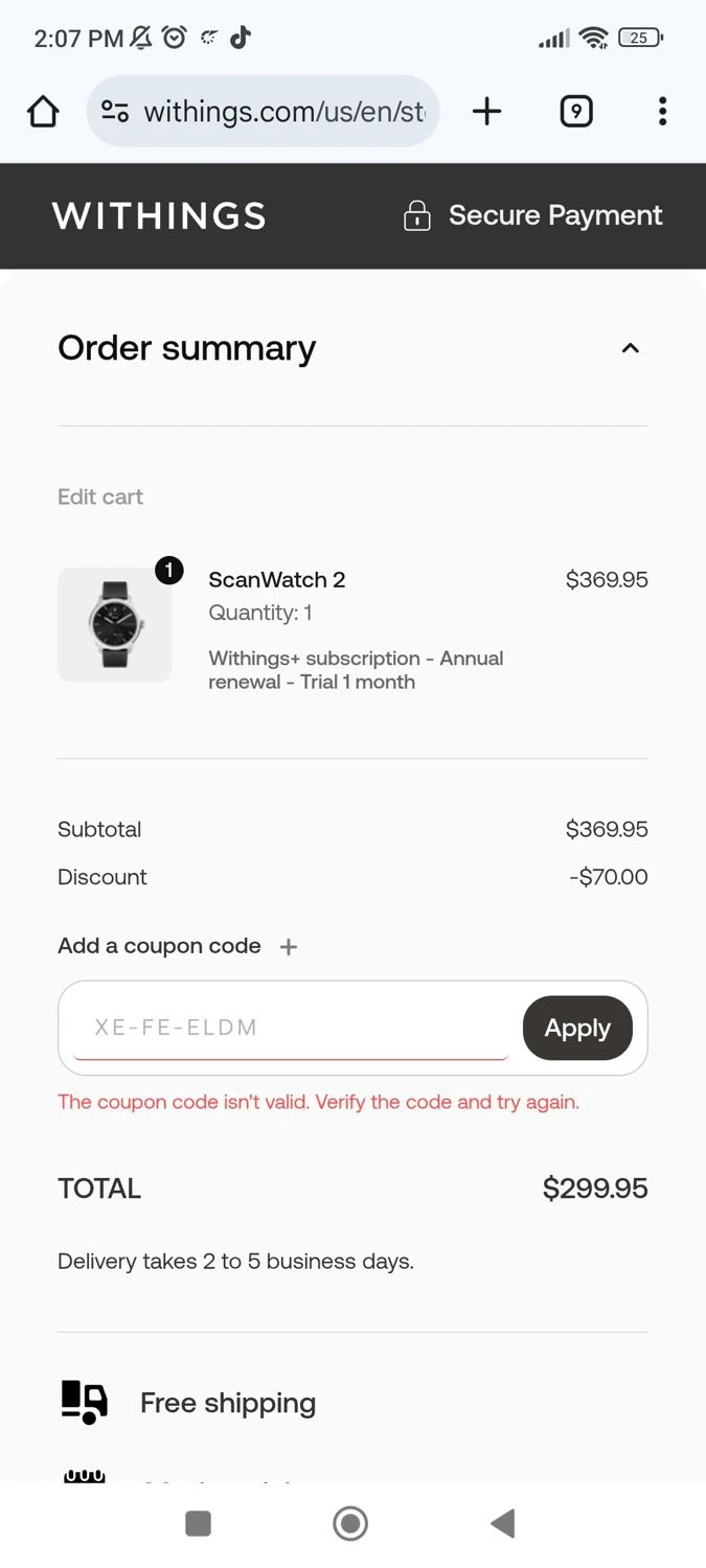 Withings coupon code screenshot showing code A-AUGE-16VM applied at Withings checkout page. Uploaded by SimplyCodes community member BonusSleuth7383 on Sep 1, 2025
