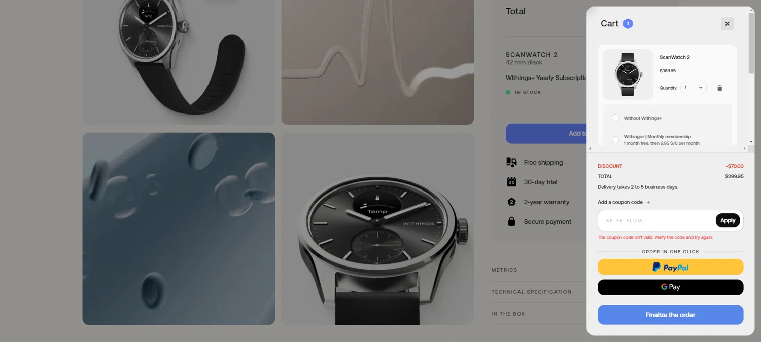 Withings coupon code screenshot showing code A-AUGE-16VM applied at Withings checkout page. Uploaded by SimplyCodes community member TreasureKnight4134 on Sep 1, 2025