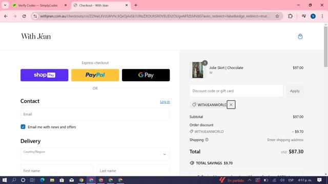 With Jéan checkout page showing With Jéan promo code box | Screenshot taken by SimplyCodes community member on Feb 23, 2025