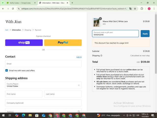With Jéan US checkout page showing With Jéan US promo code box | Screenshot taken by SimplyCodes community member on Feb 13, 2025