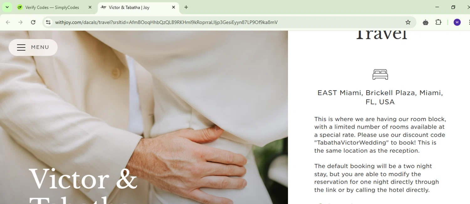 With Joy promo code screenshot showing code TabathaVictorWedding applied at With Joy checkout page. Uploaded by SimplyCodes community member ValiantRanger5812 on Mar 16, 2025