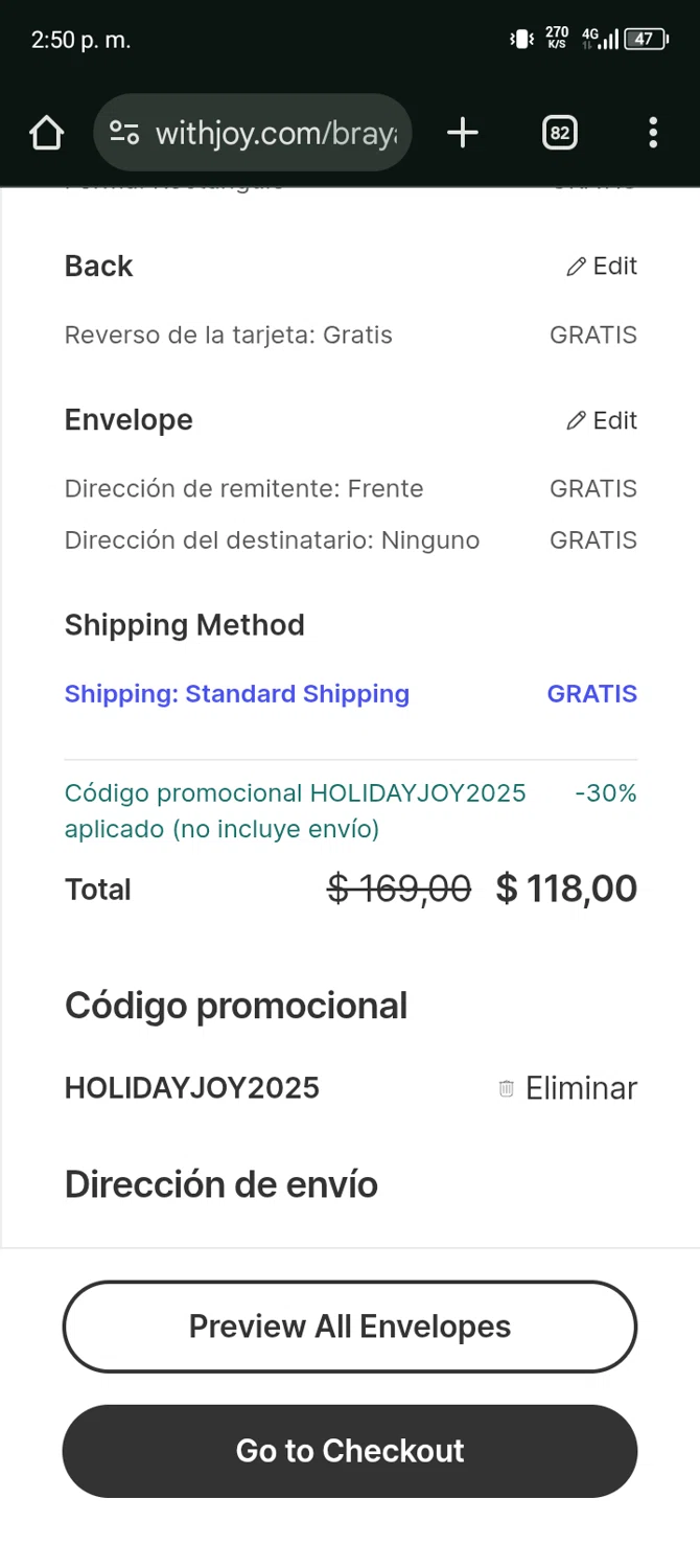 With Joy promo code screenshot showing code HOLIDAYJOY2025 applied at With Joy checkout page. Uploaded by SimplyCodes community member Bernado on Nov 13, 2025