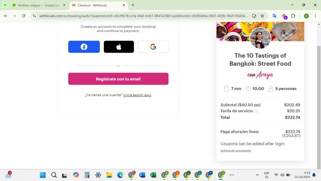 Withlocals checkout page showing Withlocals coupon code box | Screenshot taken by SimplyCodes community member on Oct 21, 2024