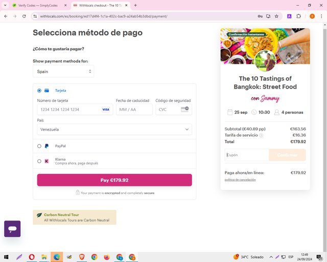 Withlocals checkout page showing Withlocals coupon code box | Screenshot taken by SimplyCodes community member on Sep 24, 2024