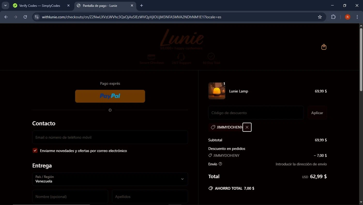 Lunie promo code screenshot showing code JIMMYDOHENY applied at Lunie checkout page. Uploaded by SimplyCodes community member CoinPro7401 on Mar 24, 2025