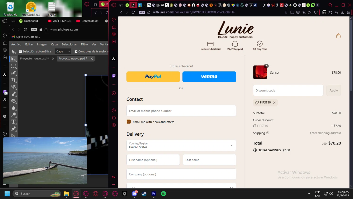 Lunie promo code screenshot showing code FIRST10 applied at Lunie checkout page. Uploaded by SimplyCodes community member Billyyou on Aug 22, 2025