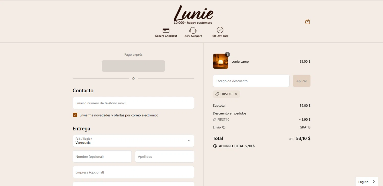 Lunie promo code screenshot showing code FIRST10 applied at Lunie checkout page. Uploaded by SimplyCodes community member BrillianteMaestro892 on Aug 13, 2025