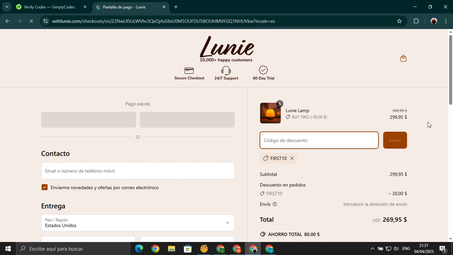 Lunie promo code screenshot showing code FIRST10 applied at Lunie checkout page. Uploaded by SimplyCodes community member youngonzalo on Apr 5, 2025