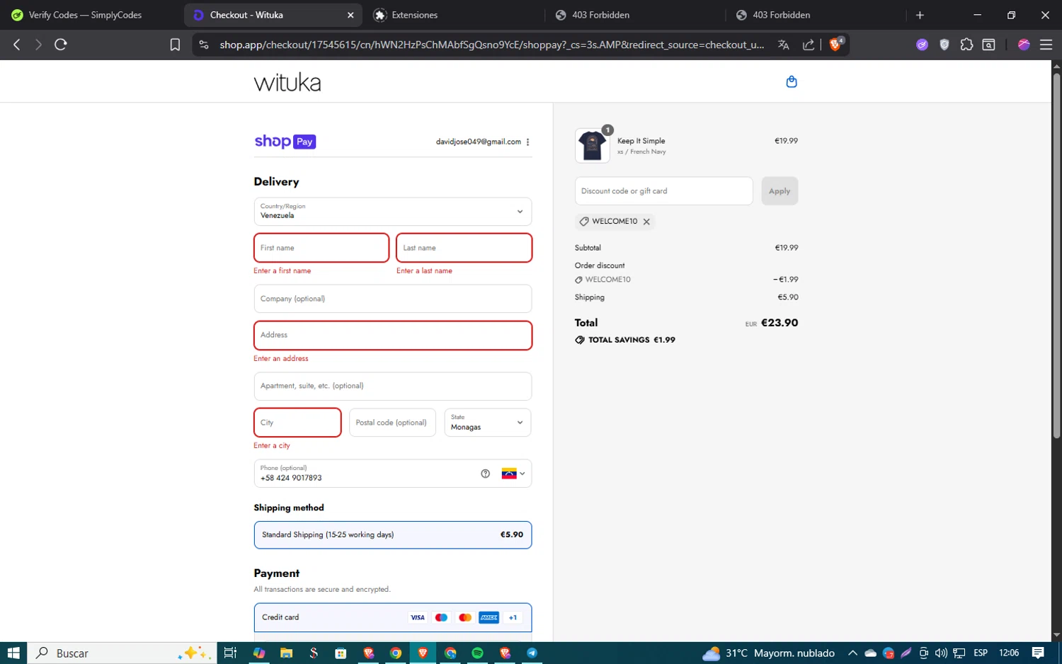 Wituka discount code screenshot showing code WELCOME10 applied at Wituka checkout page. Uploaded by SimplyCodes community member SmartSaver5858 on Aug 27, 2025