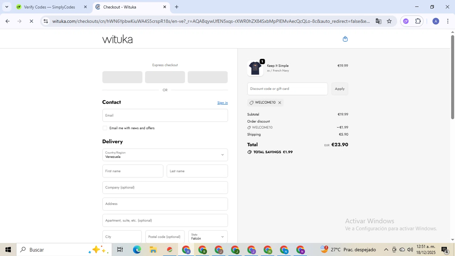 Wituka discount code screenshot showing code WELCOME10 applied at Wituka checkout page. Uploaded by SimplyCodes community member TreasureCaptain5531 on Dec 18, 2025