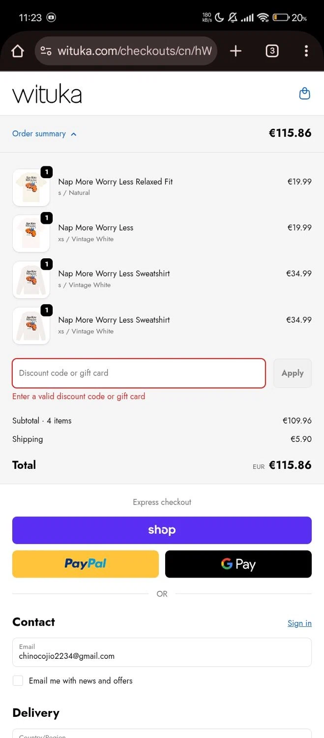 Wituka discount code screenshot showing code Carfreew20 applied at Wituka checkout page. Uploaded by SimplyCodes community member Lhhfhii on Sep 30, 2025