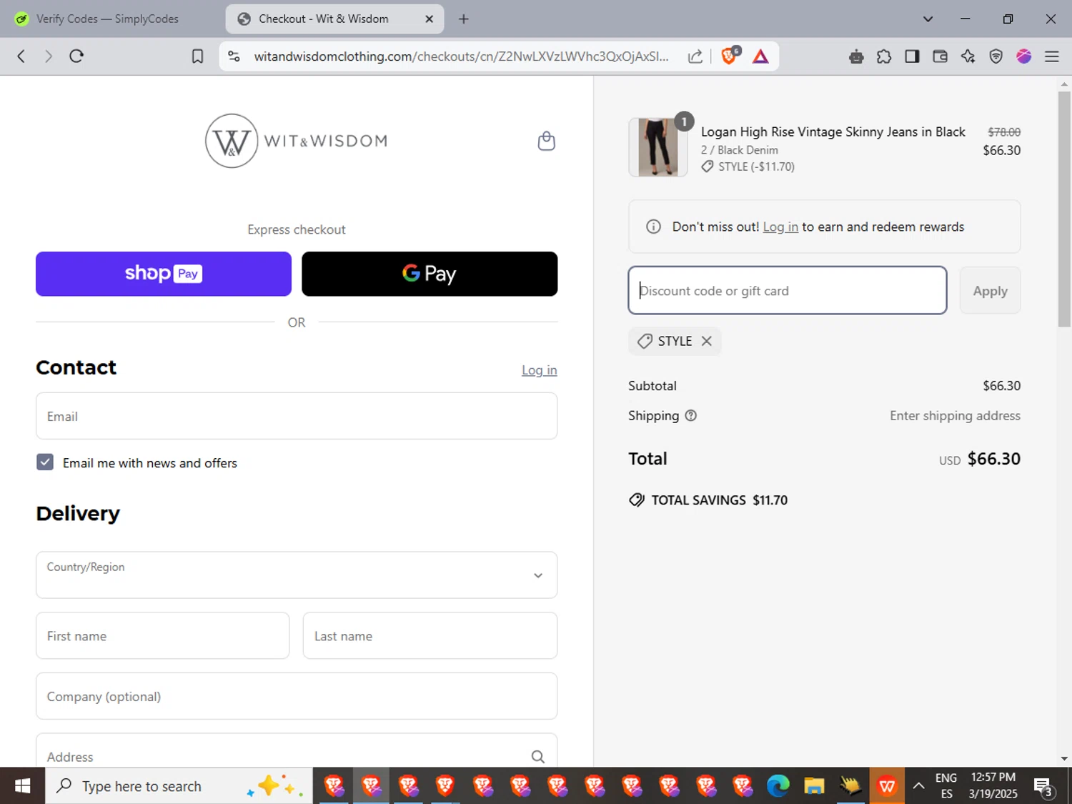 Wit & Wisdom Clothing promo code screenshot showing code STYLE applied at Wit & Wisdom Clothing checkout page. Uploaded by SimplyCodes community member LuckyFinder3550 on Mar 19, 2025