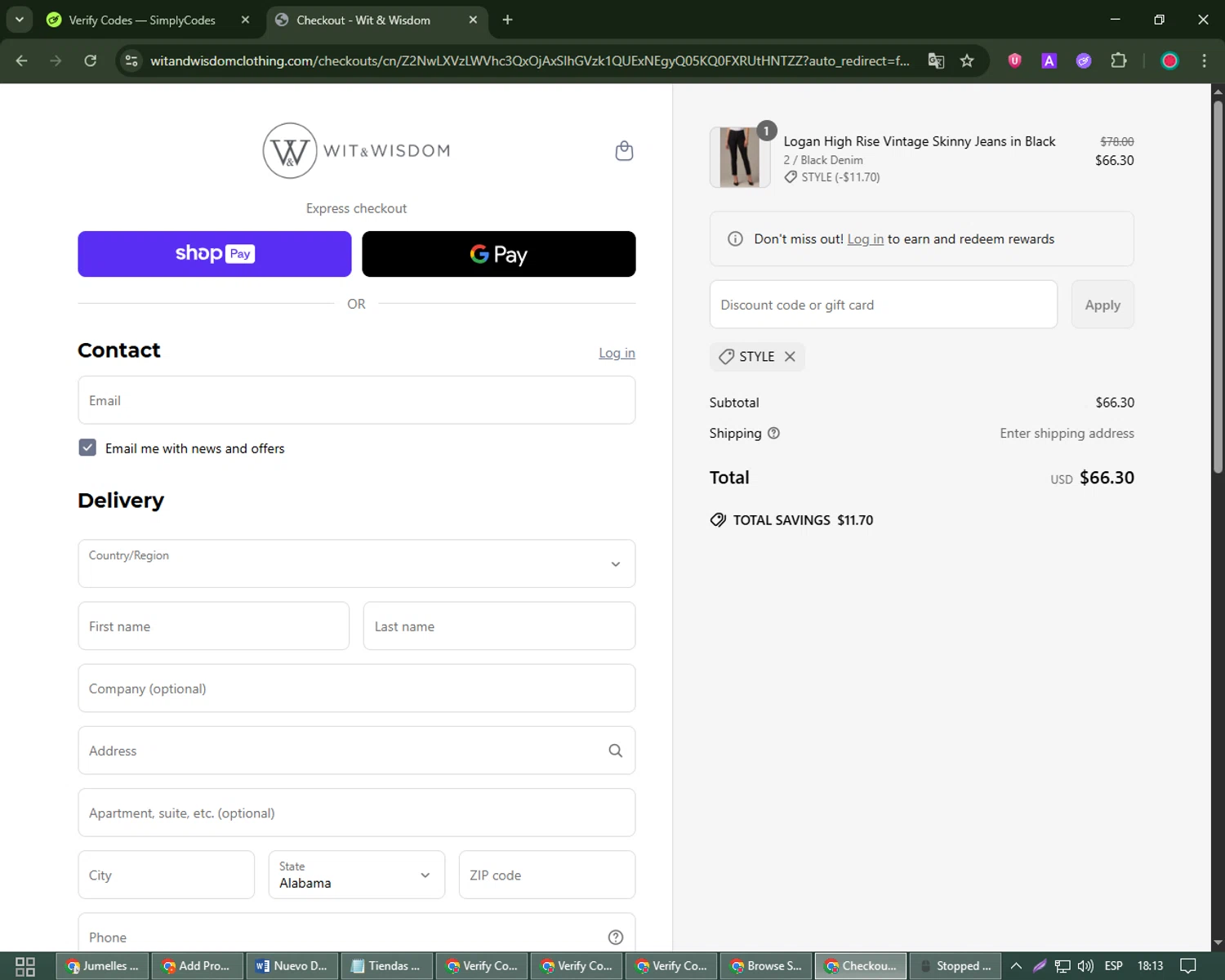 Wit & Wisdom Clothing promo code screenshot showing code STYLE applied at Wit & Wisdom Clothing checkout page. Uploaded by SimplyCodes community member james_smith on Jun 11, 2025