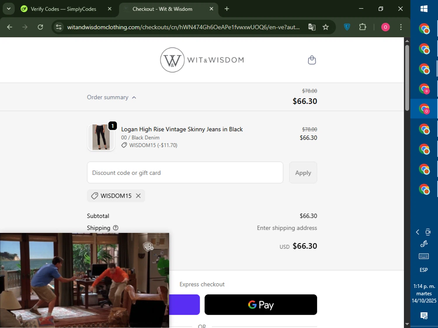 Wit & Wisdom Clothing promo code screenshot showing code WISDOM15 applied at Wit & Wisdom Clothing checkout page. Uploaded by SimplyCodes community member LegendaryRanger6350 on Oct 14, 2025