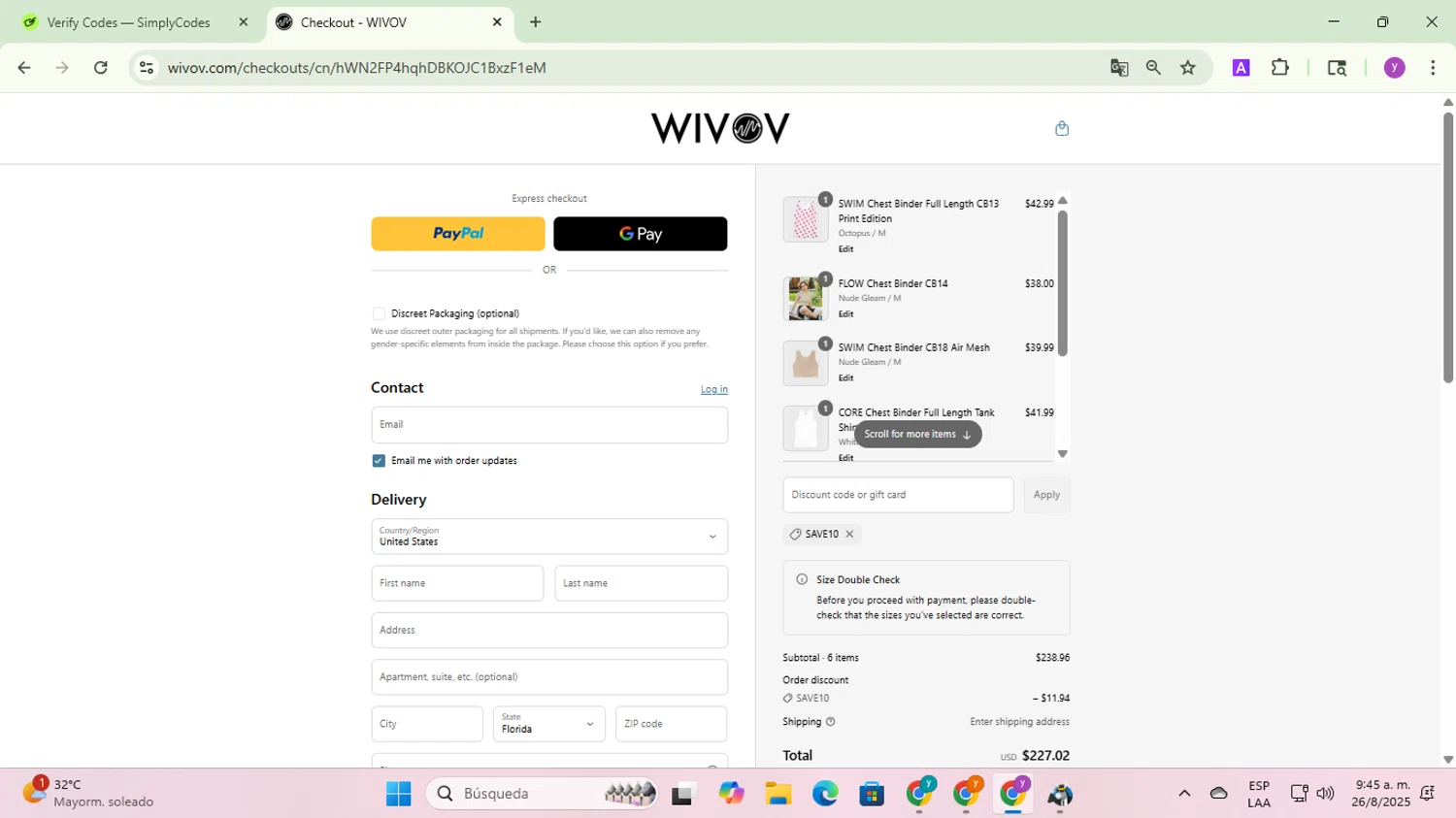 Wivov discount code screenshot showing code save10 applied at Wivov checkout page. Uploaded by SimplyCodes community member yadicg054 on Aug 26, 2025