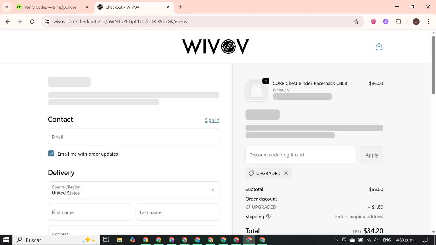 Wivov discount code screenshot showing code UPGRADED applied at Wivov checkout page. Uploaded by SimplyCodes community member PrimeGenius2371 on Oct 6, 2025