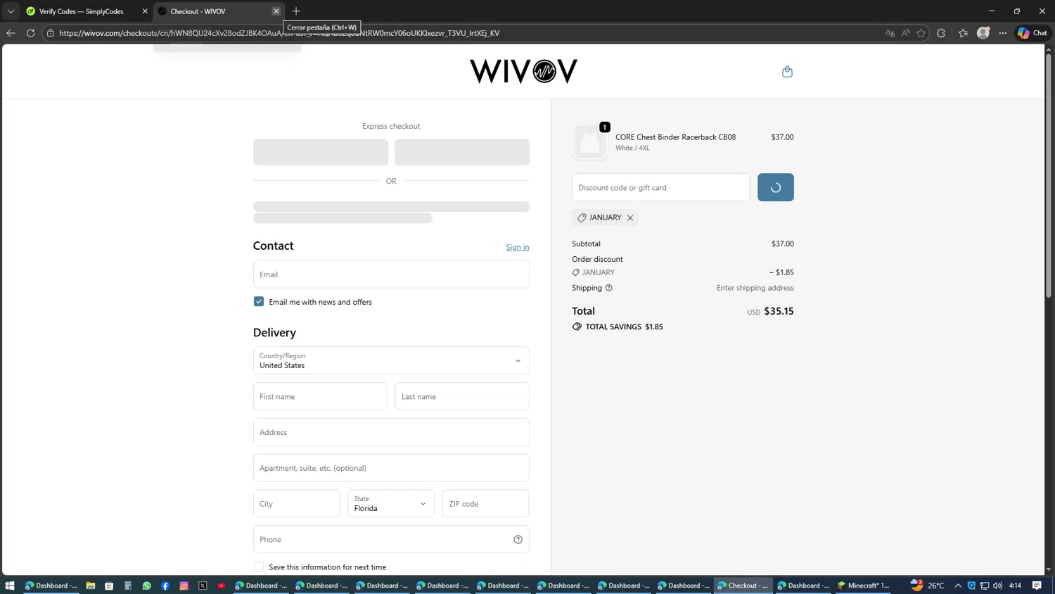 Wivov discount code screenshot showing code JANUARY applied at Wivov checkout page. Uploaded by SimplyCodes community member AVAMUSTANG on Feb 5, 2026