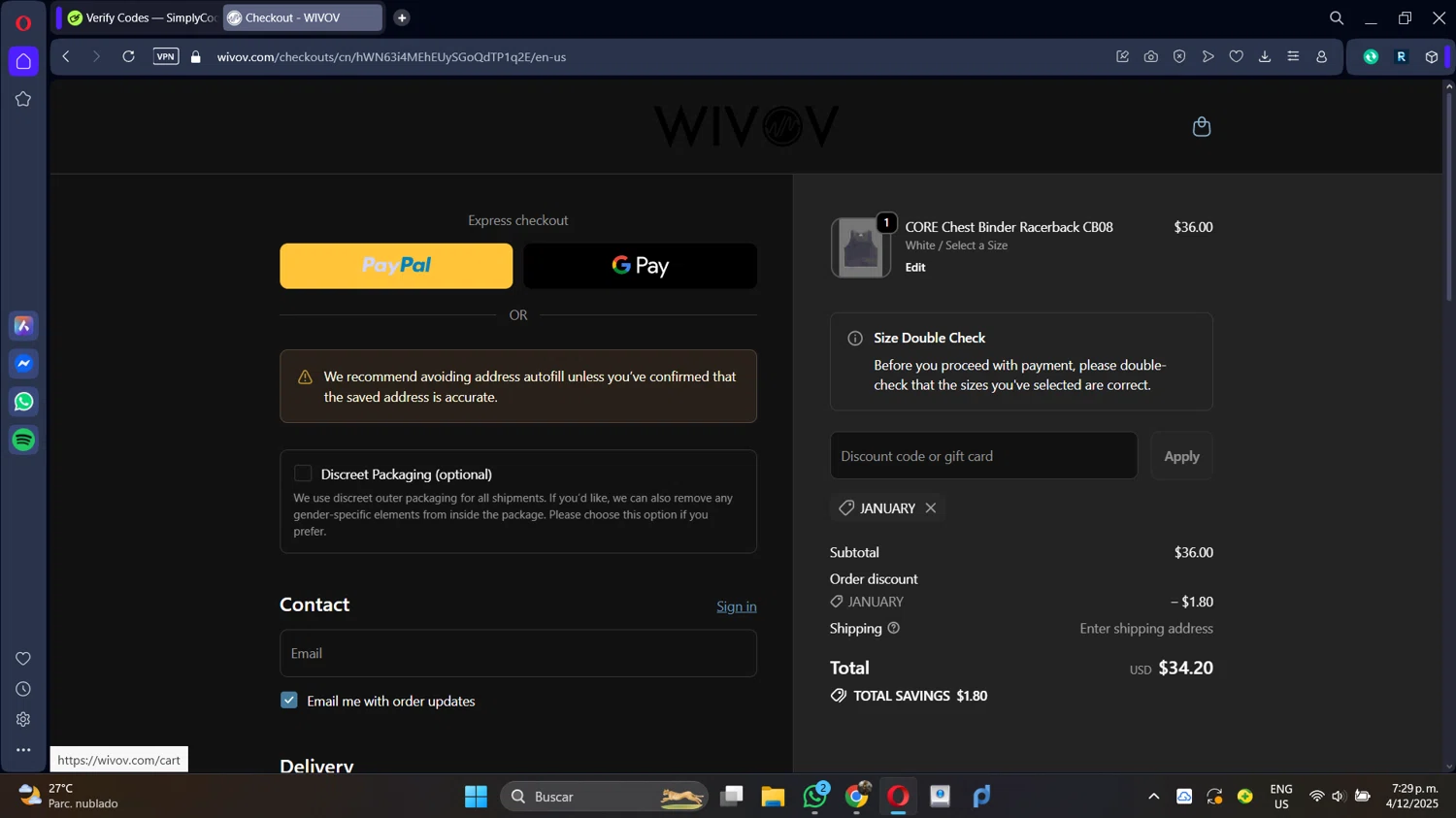Wivov discount code screenshot showing code JANUARY applied at Wivov checkout page. Uploaded by SimplyCodes community member DiscountSleuth2229 on Dec 4, 2025