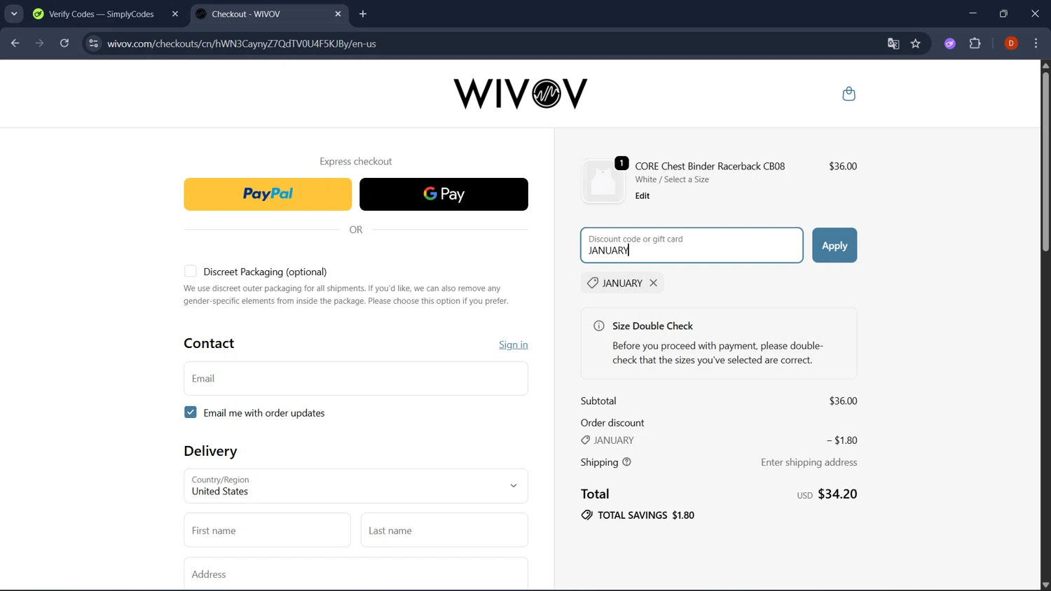 Wivov discount code screenshot showing code JANUARY applied at Wivov checkout page. Uploaded by SimplyCodes community member RoyalSaver3150 on Sep 20, 2025