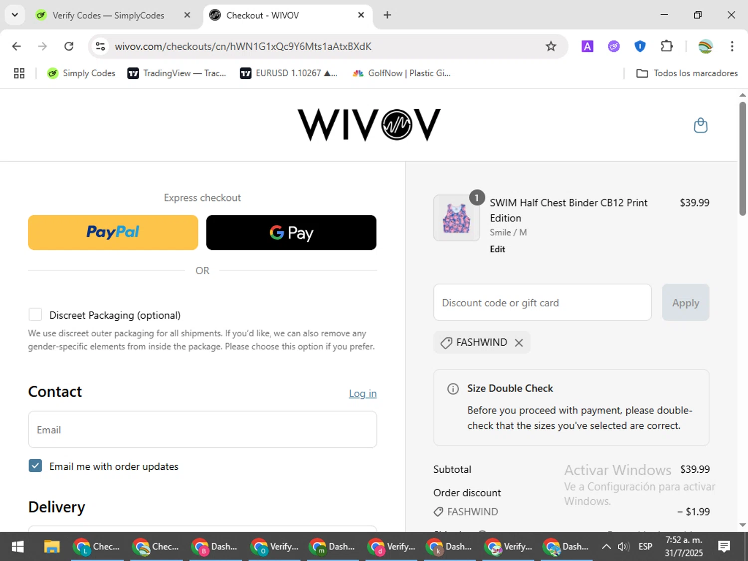Wivov discount code screenshot showing code FASHWIND applied at Wivov checkout page. Uploaded by SimplyCodes community member CoinMaven5220 on Jul 31, 2025