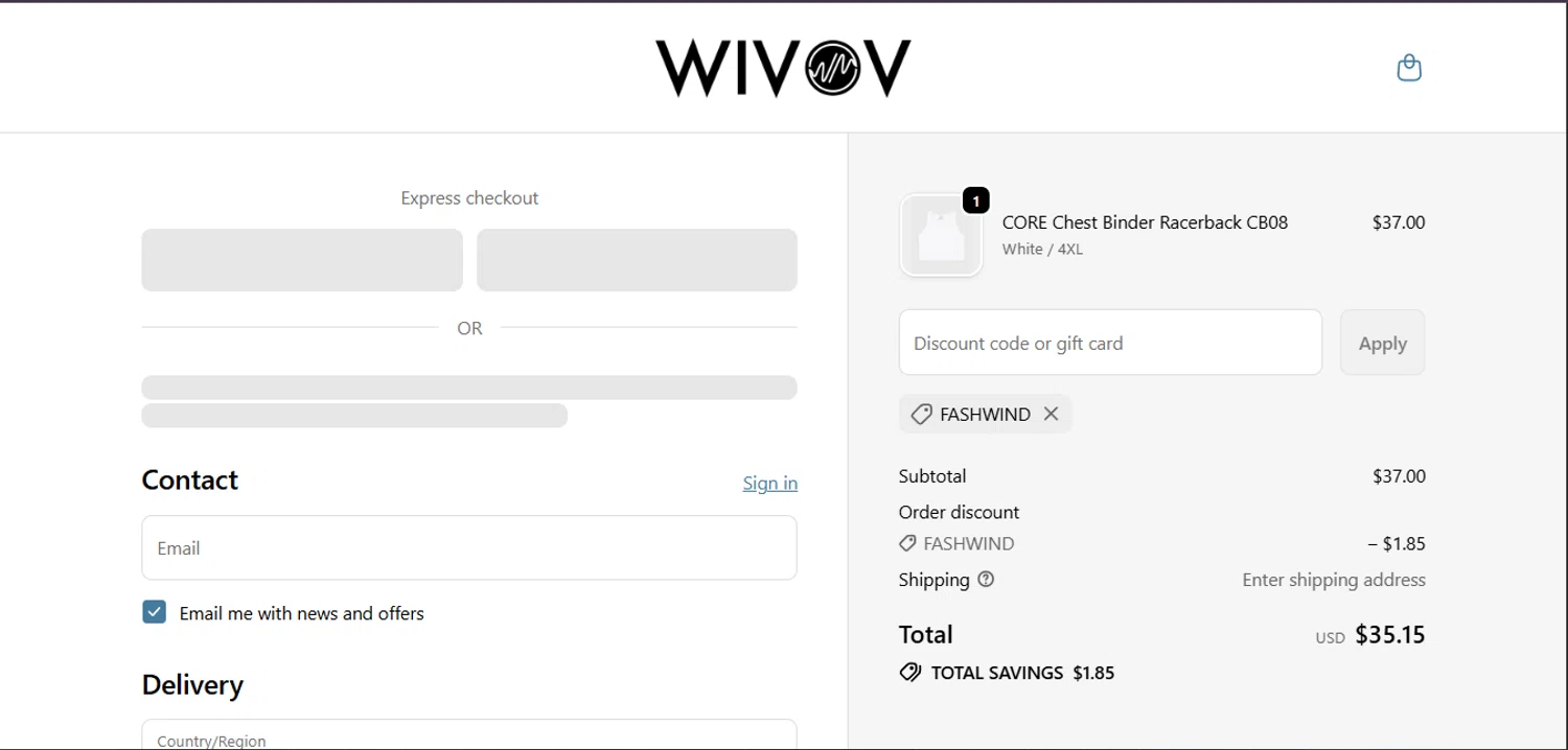 Wivov checkout page showing Wivov discount code box | Screenshot taken by SimplyCodes community member on Feb 13, 2026