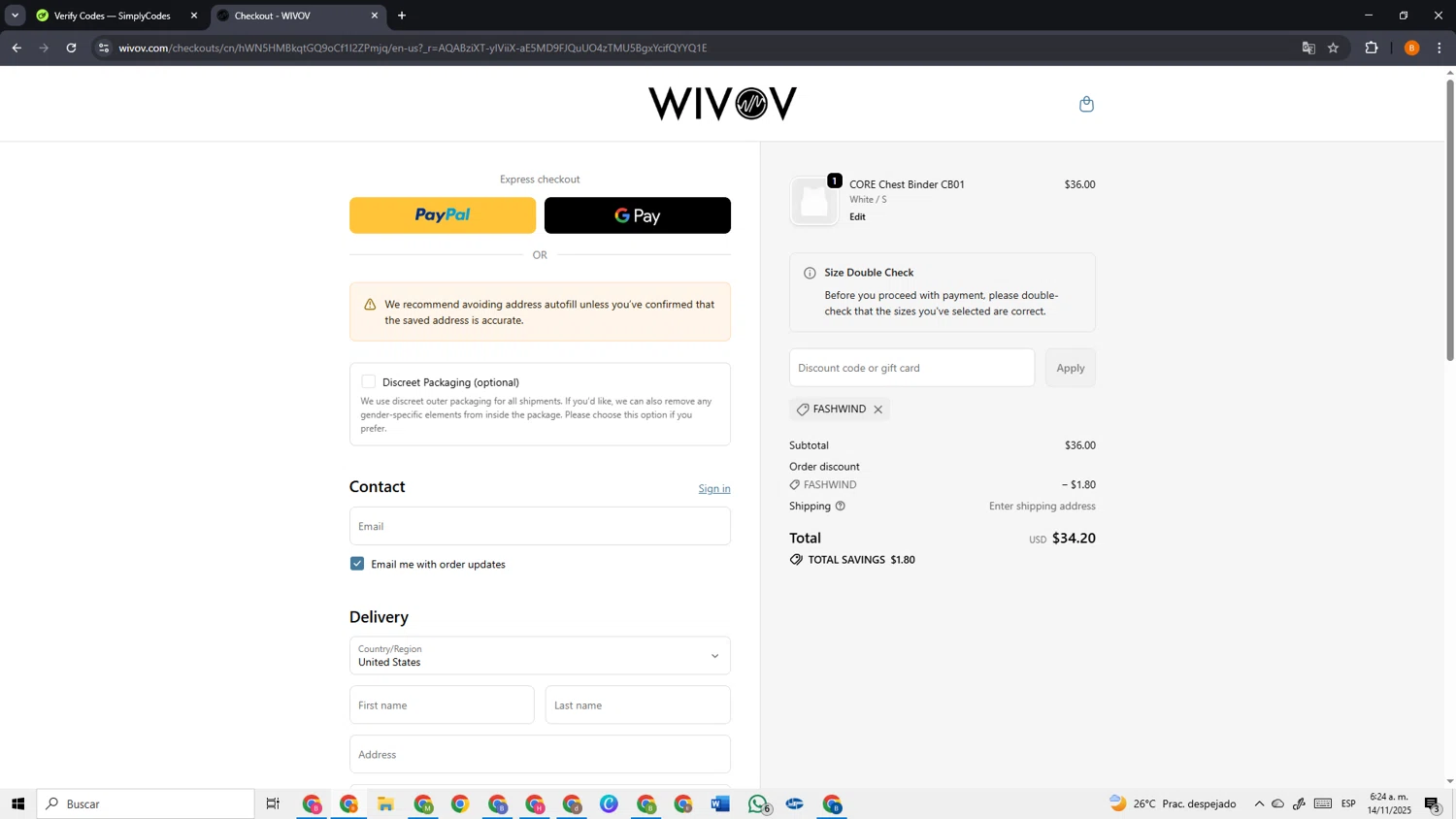 Wivov discount code screenshot showing code FASHWIND applied at Wivov checkout page. Uploaded by SimplyCodes community member VoucherSage2253 on Nov 14, 2025