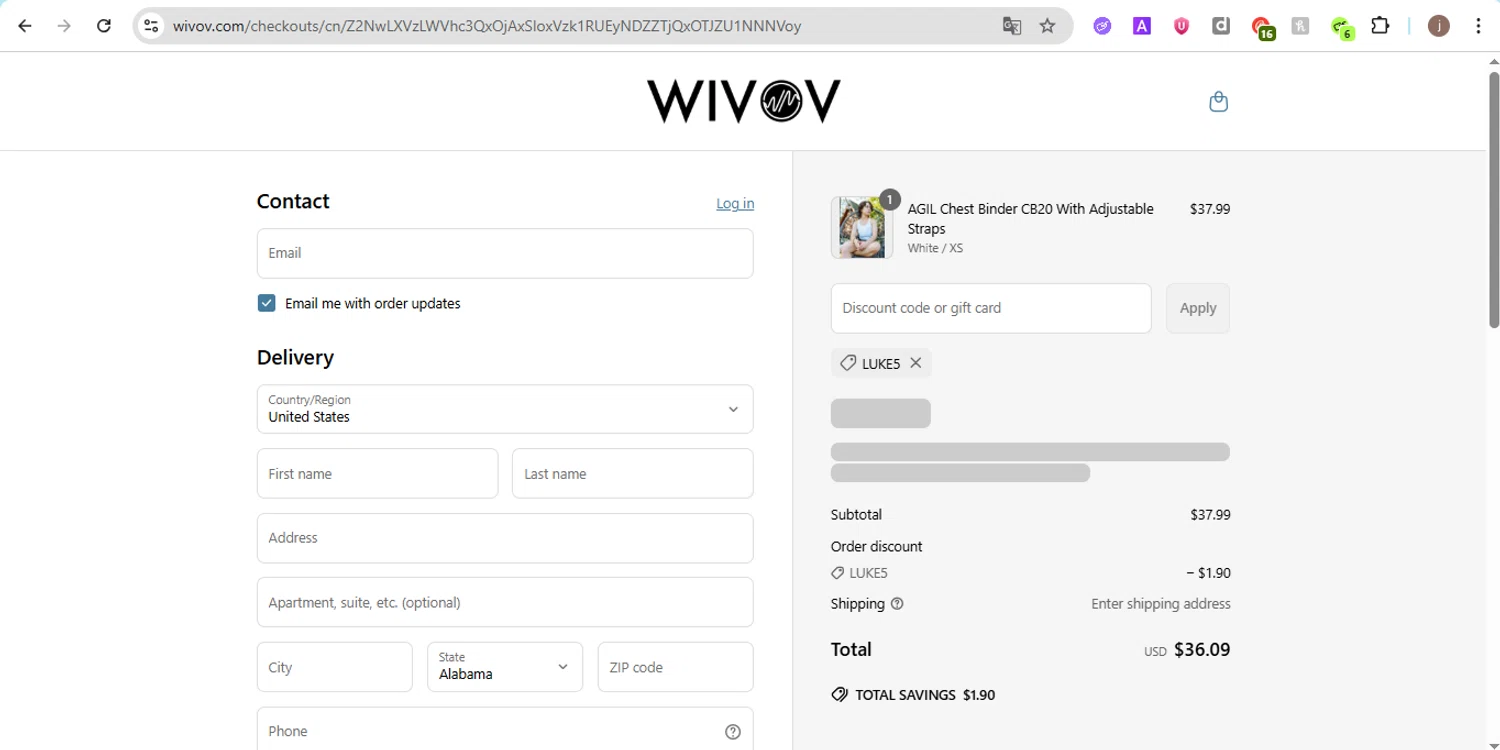 Wivov discount code screenshot showing code LUKE5 applied at Wivov checkout page. Uploaded by SimplyCodes community member Jose29 on Jul 1, 2025