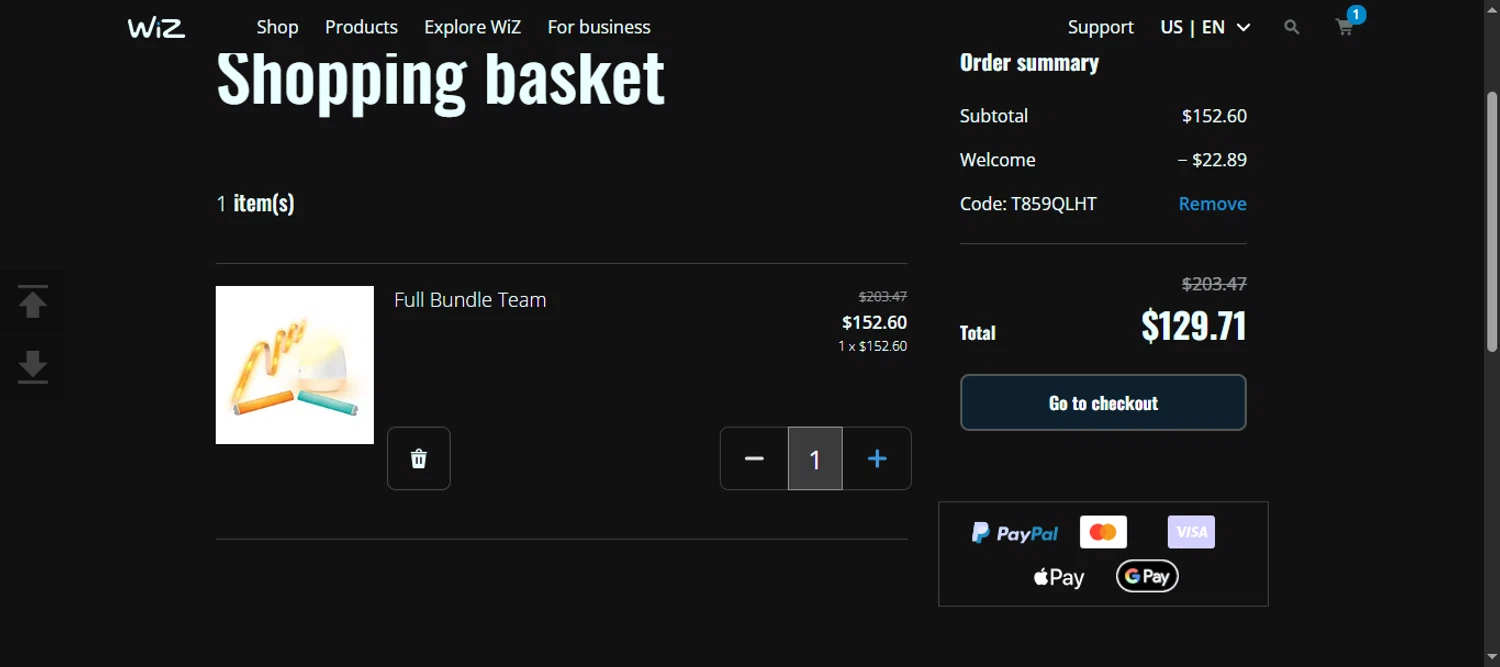 WiZ promo code screenshot showing code T859QLHT applied at WiZ checkout page. Uploaded by SimplyCodes community member 111111 on Oct 15, 2025