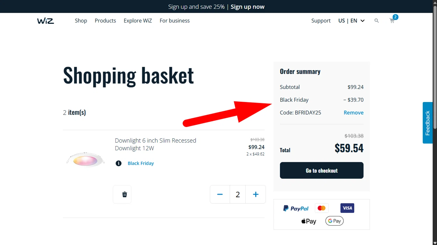 WiZ promo code screenshot showing code BFRIDAY25 applied at WiZ checkout page. Uploaded by SimplyCodes community member ______________ on Nov 7, 2025