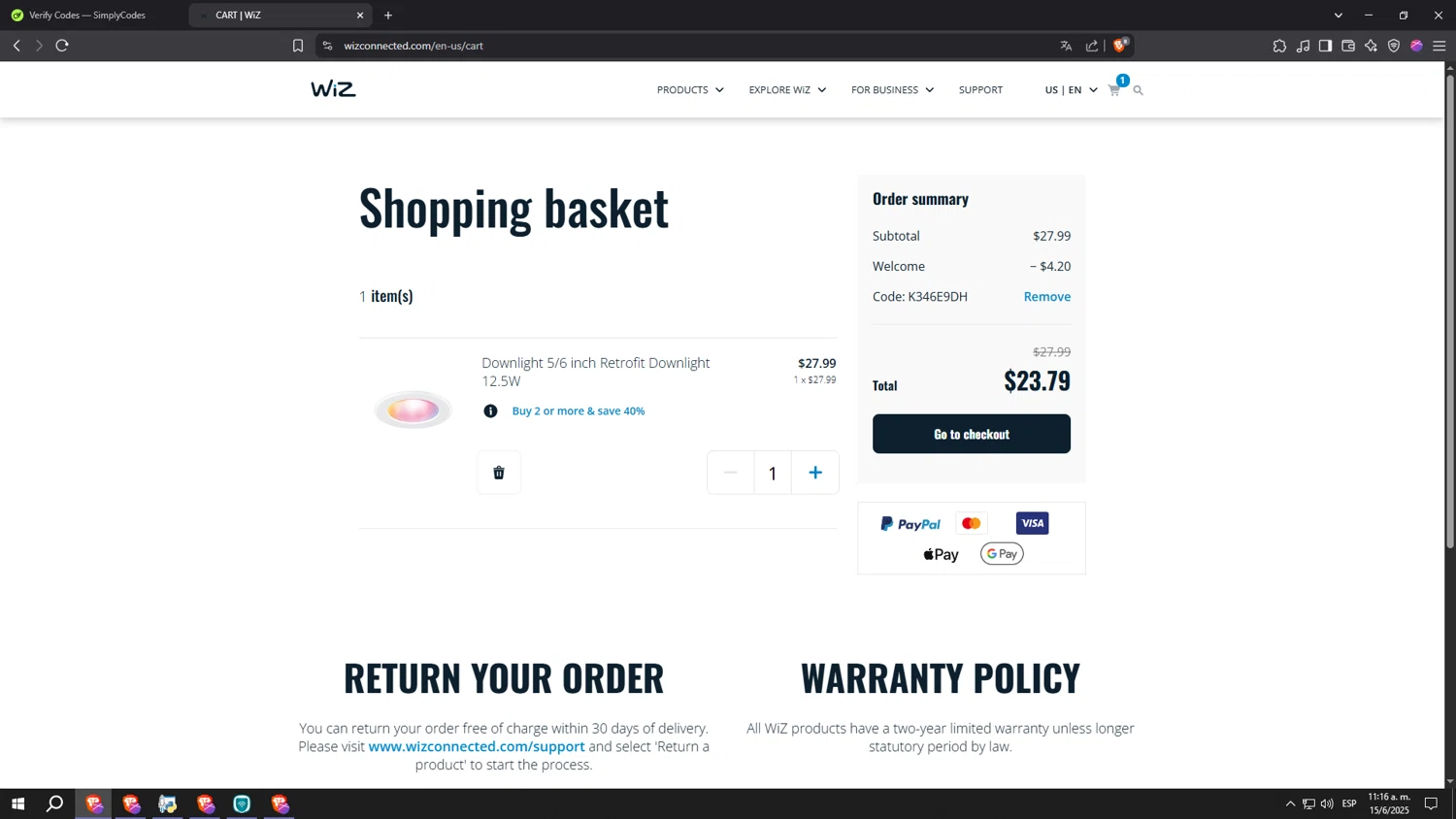 WiZ checkout page showing WiZ promo code box | Screenshot taken by SimplyCodes community member on Jun 15, 2025