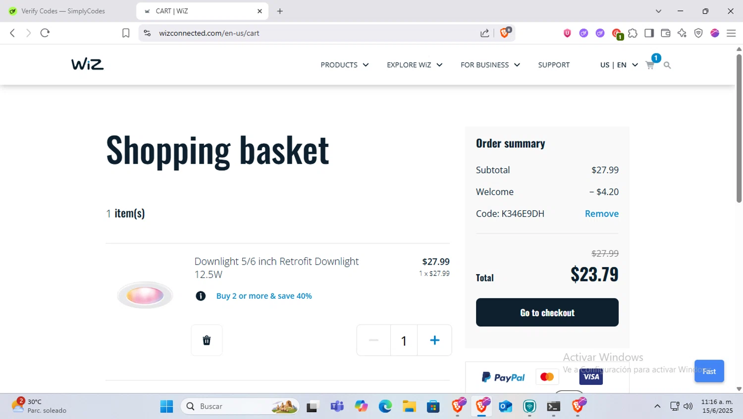 WiZ checkout page showing WiZ promo code box | Screenshot taken by SimplyCodes community member on Jun 15, 2025
