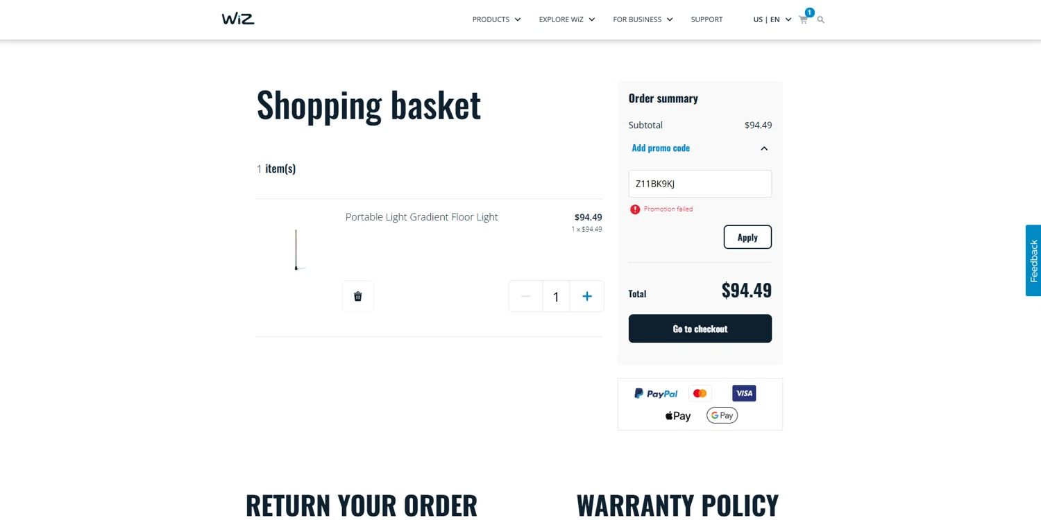 WiZ promo code screenshot showing code Z11BK9KJ applied at WiZ checkout page. Uploaded by SimplyCodes community member DealOwl558 on Jul 9, 2025