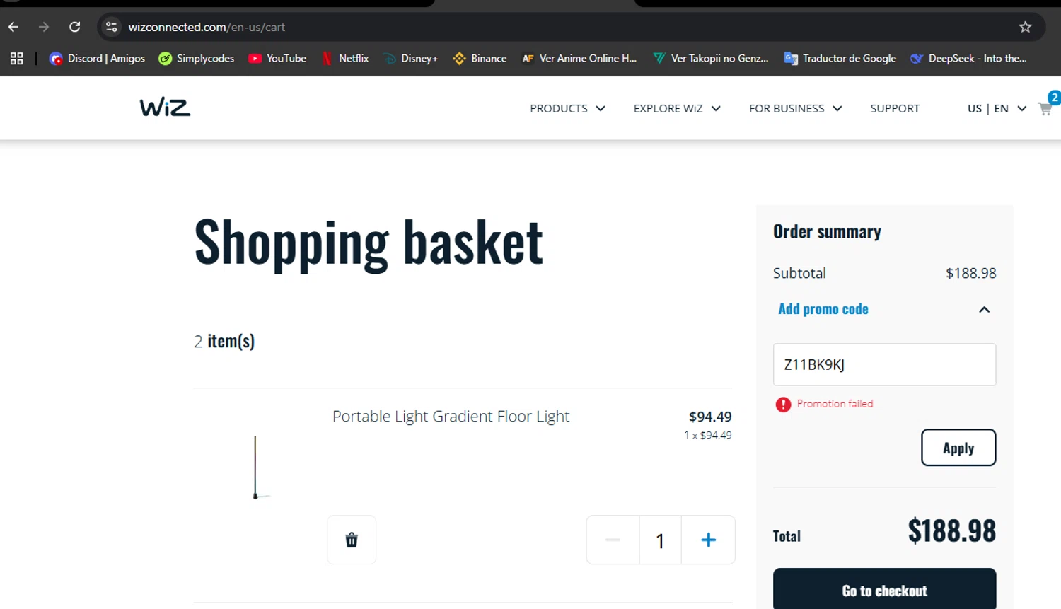 WiZ promo code screenshot showing code Z11BK9KJ applied at WiZ checkout page. Uploaded by SimplyCodes community member Hisoka on Jul 9, 2025