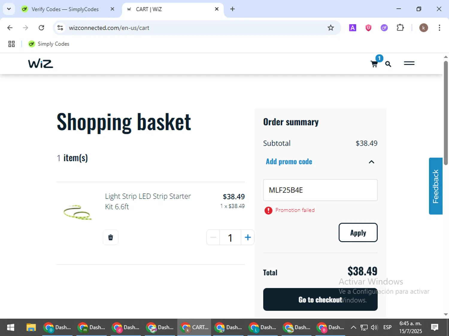 WiZ promo code screenshot showing code MLF25B4E applied at WiZ checkout page. Uploaded by SimplyCodes community member RewardRanger298 on Jul 15, 2025