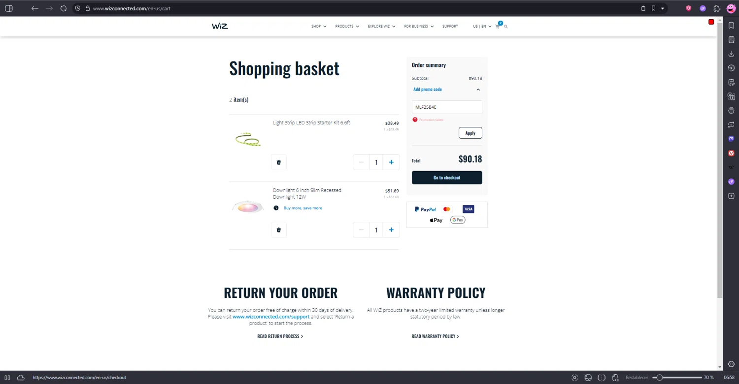 WiZ promo code screenshot showing code MLF25B4E applied at WiZ checkout page. Uploaded by SimplyCodes community member kaiserser on Jul 15, 2025