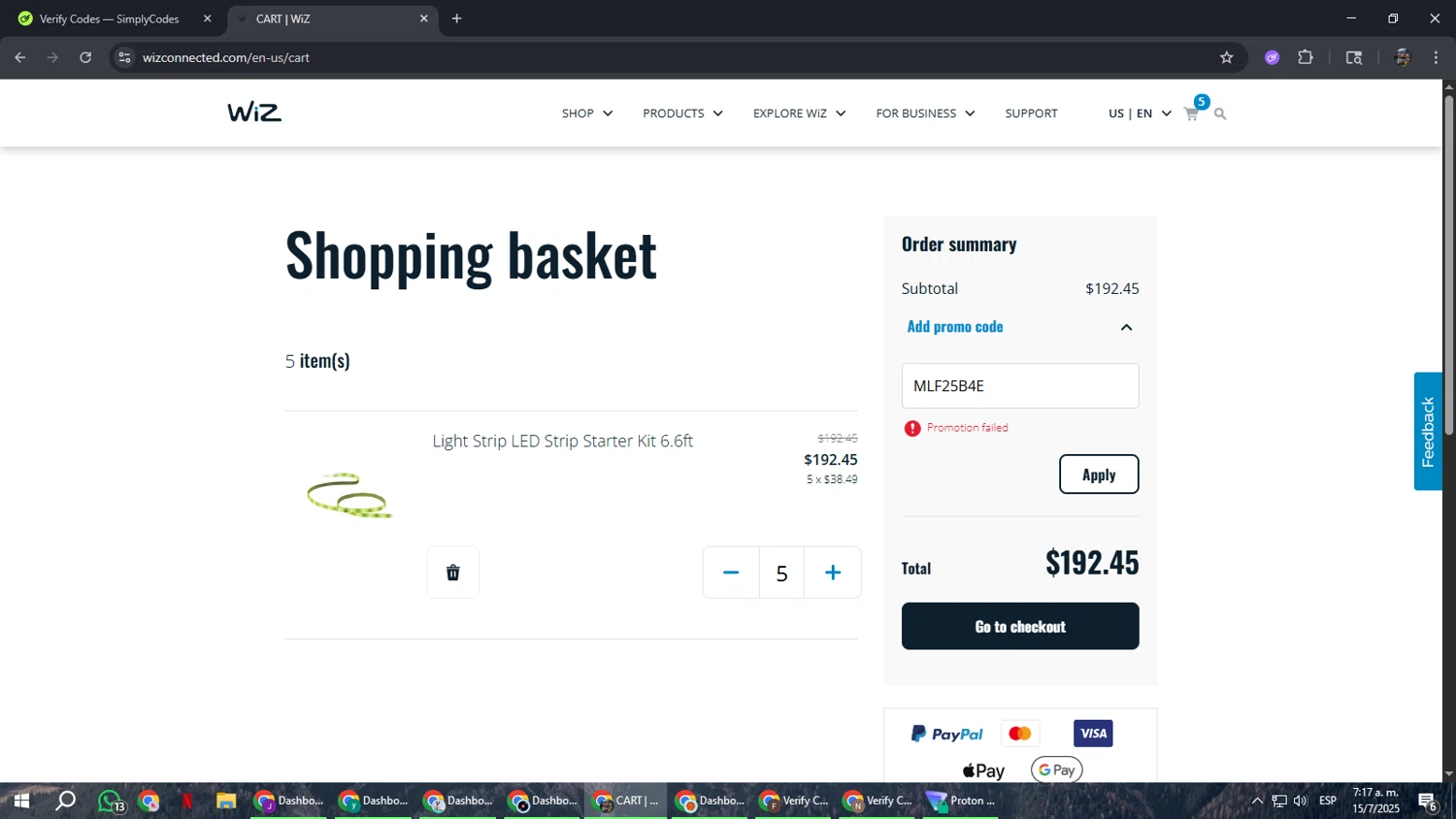 WiZ promo code screenshot showing code MLF25B4E applied at WiZ checkout page. Uploaded by SimplyCodes community member xxdddd on Jul 15, 2025
