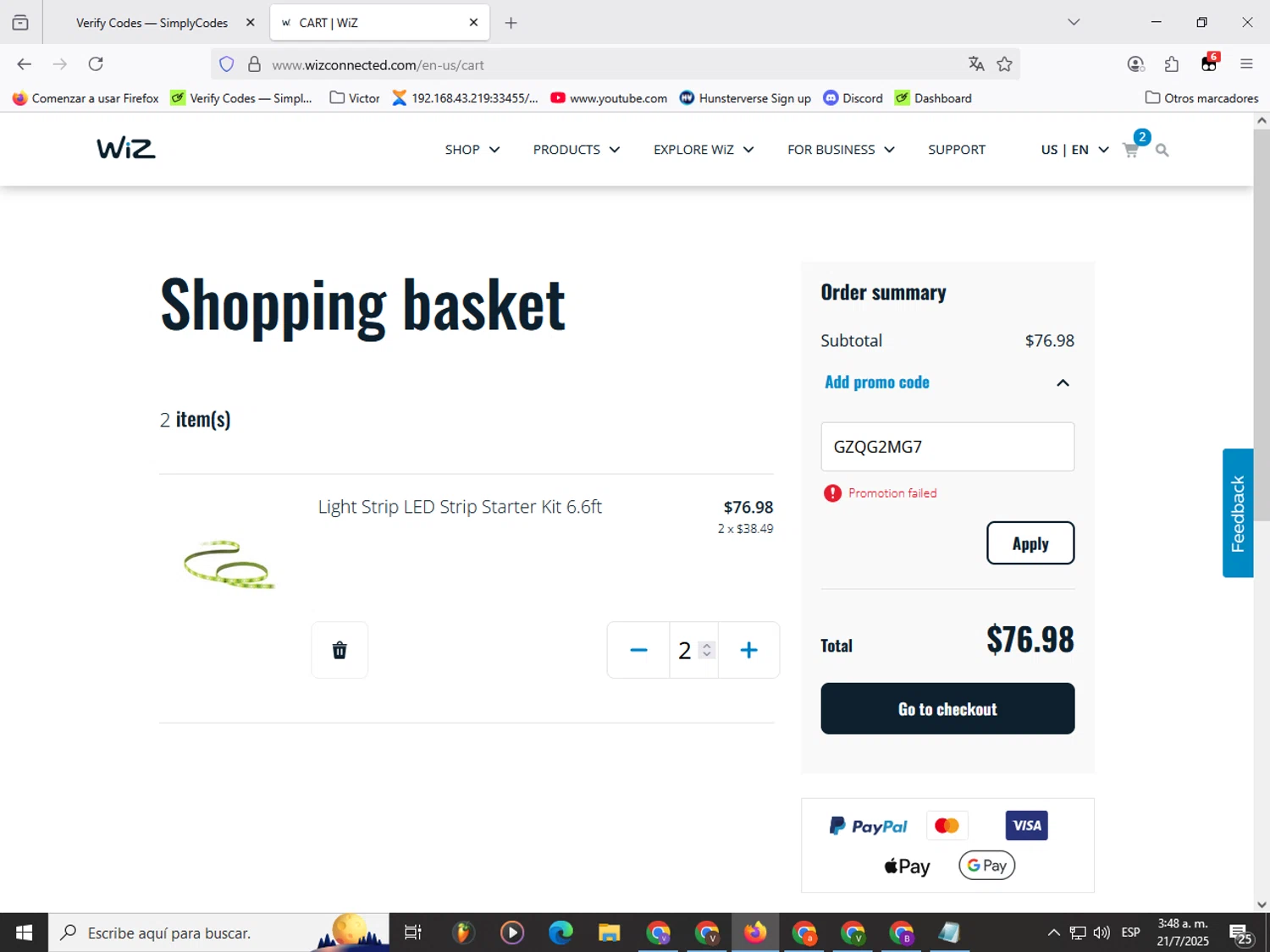 WiZ promo code screenshot showing code GZQG2MG7 applied at WiZ checkout page. Uploaded by SimplyCodes community member Garou_Y2K on Jul 21, 2025