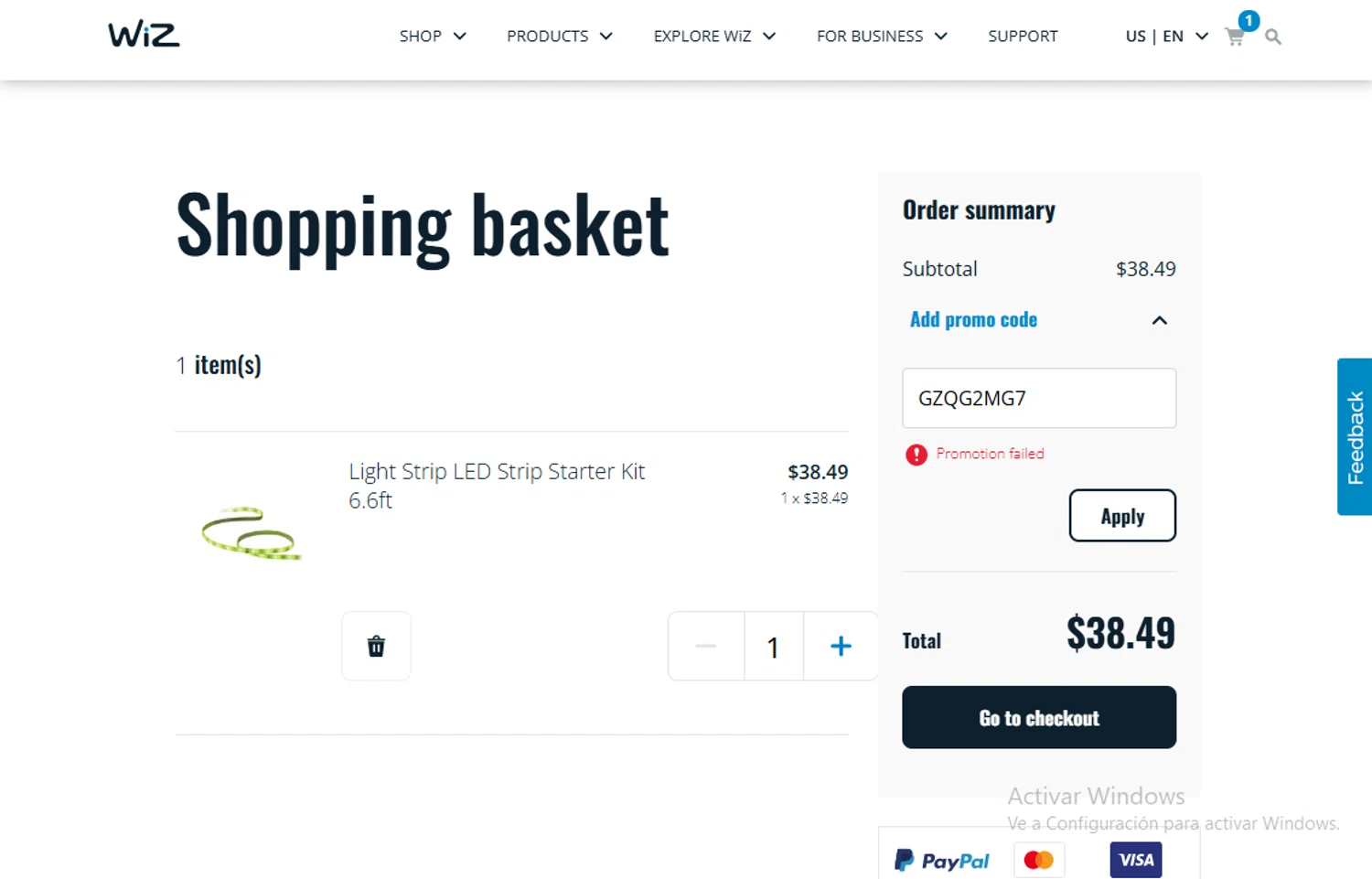 WiZ promo code screenshot showing code GZQG2MG7 applied at WiZ checkout page. Uploaded by SimplyCodes community member Gary_23 on Jul 21, 2025