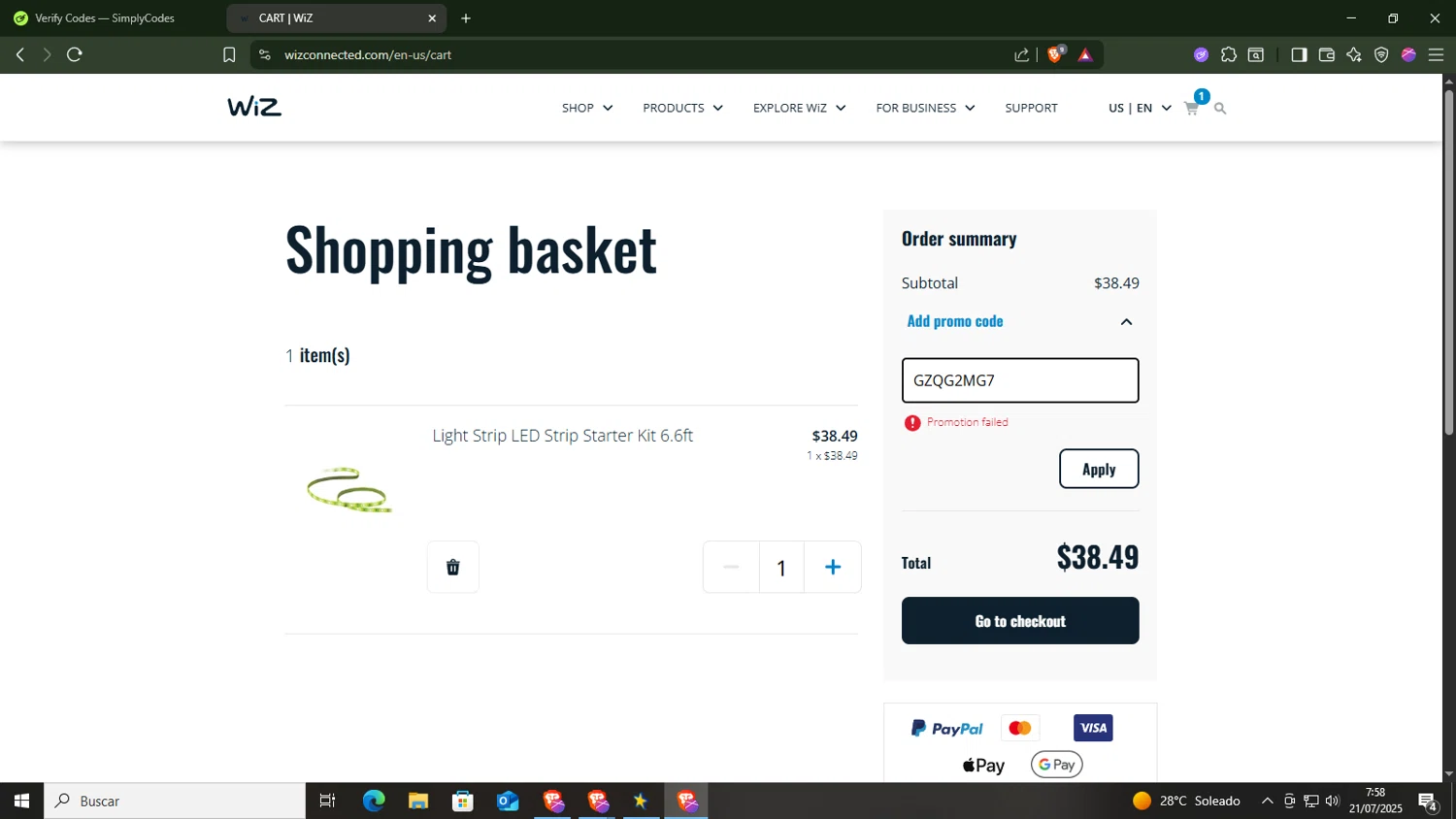 WiZ promo code screenshot showing code GZQG2MG7 applied at WiZ checkout page. Uploaded by SimplyCodes community member jorge2el2curioso on Jul 21, 2025