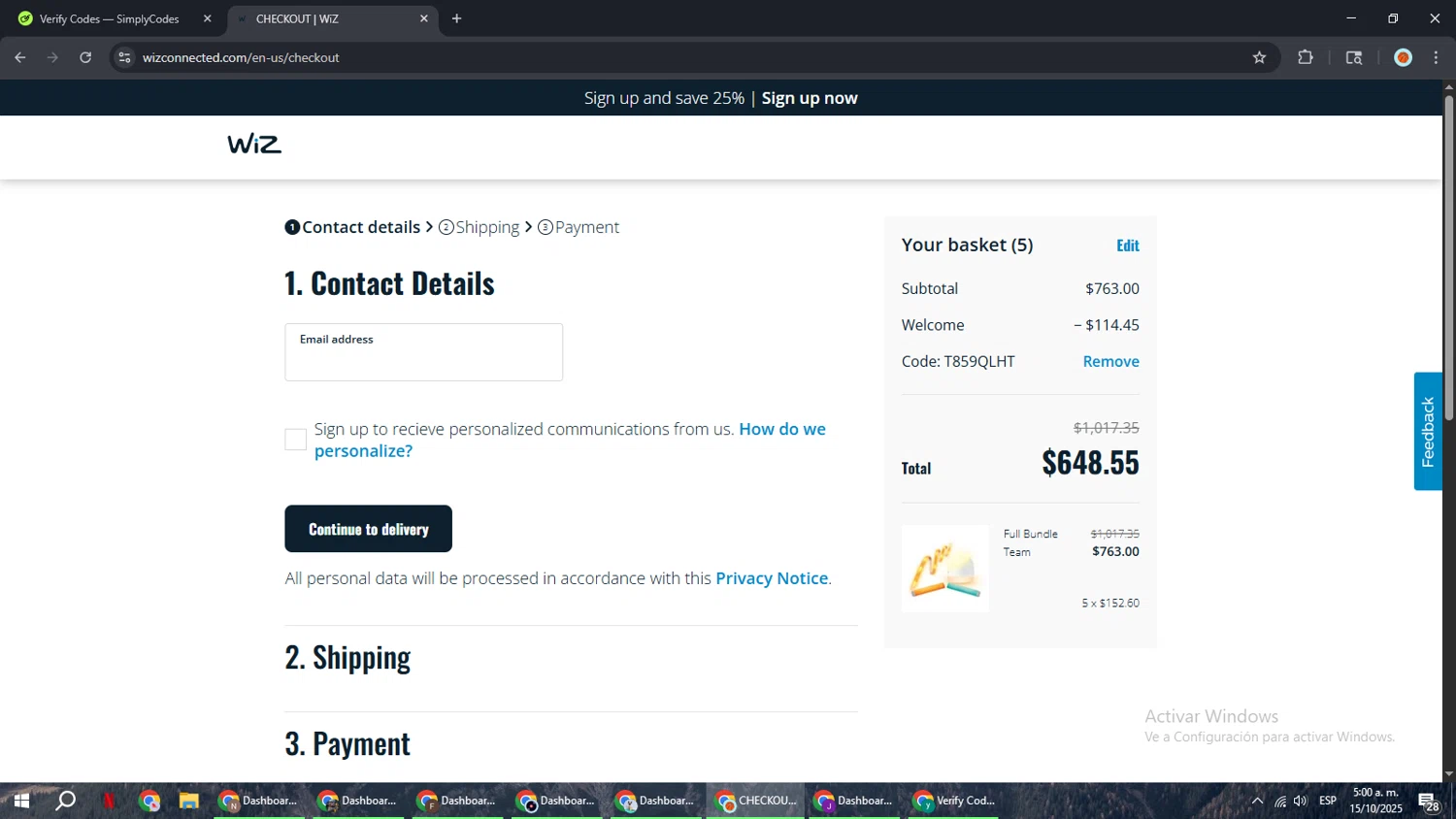 WiZ promo code screenshot showing code T859QLHT applied at WiZ checkout page. Uploaded by SimplyCodes community member BonusCaptain9927 on Oct 15, 2025