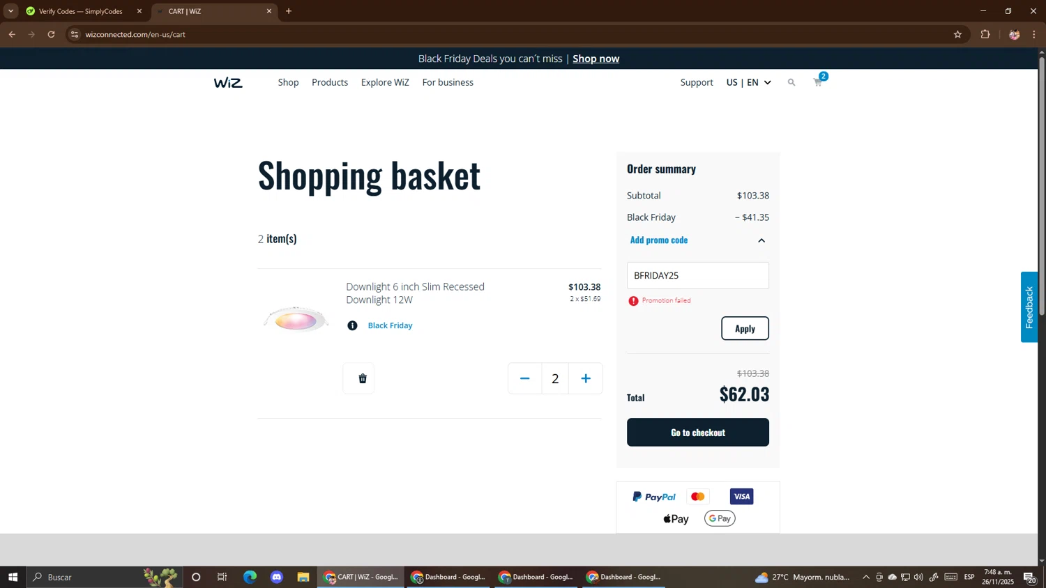 WiZ promo code screenshot showing code BFRIDAY25 applied at WiZ checkout page. Uploaded by SimplyCodes community member El_mynor on Nov 26, 2025