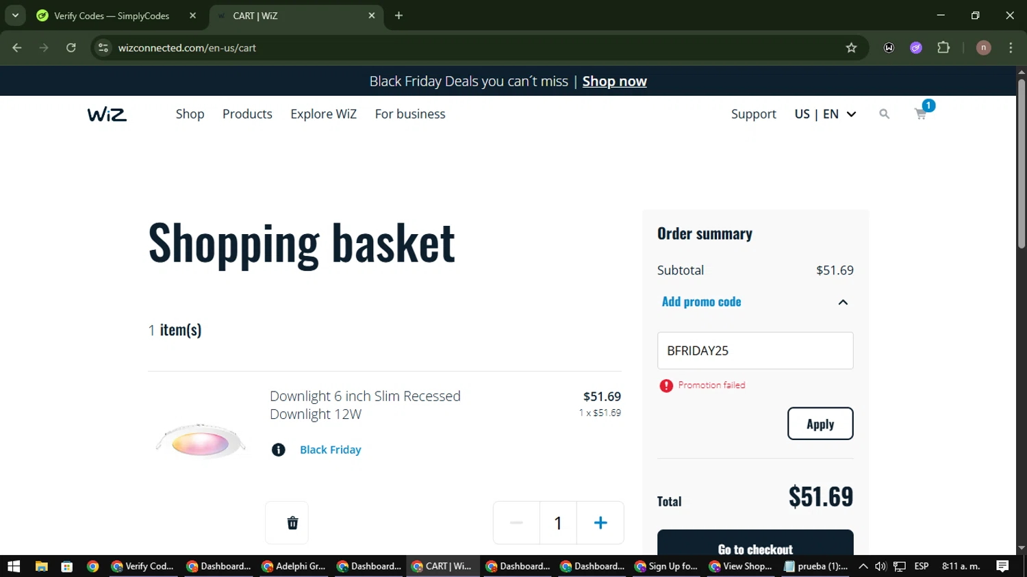 WiZ promo code screenshot showing code BFRIDAY25 applied at WiZ checkout page. Uploaded by SimplyCodes community member SmartWarden8713 on Nov 26, 2025