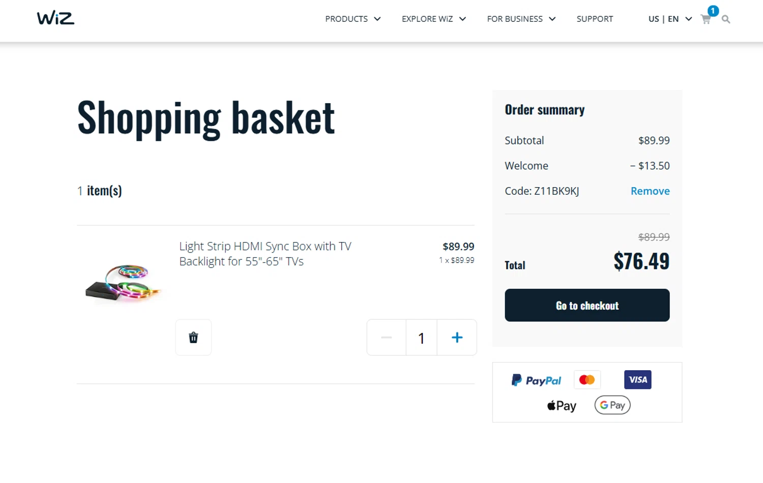 WiZ promo code screenshot showing code Z11BK9KJ applied at WiZ checkout page. Uploaded by SimplyCodes community member Westcoll on Jul 1, 2025