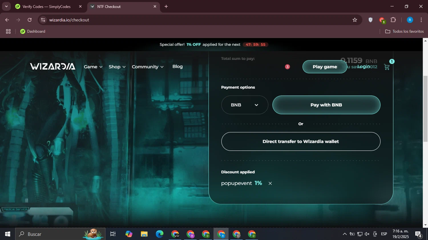 Wizardia promo code screenshot showing code POPUPEVENT applied at Wizardia checkout page. Uploaded by SimplyCodes community member Aemontar on Feb 19, 2025