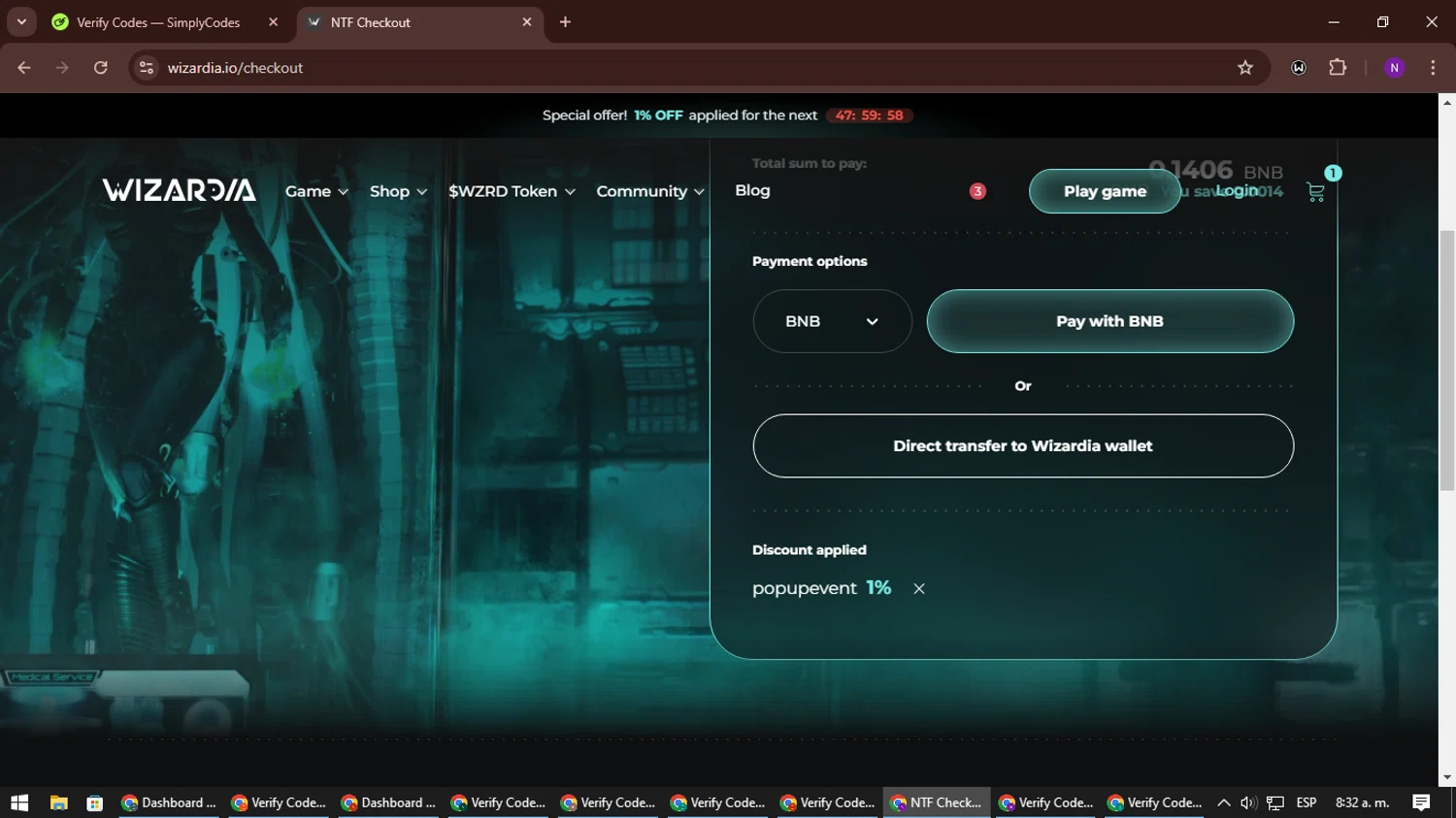 Wizardia checkout page showing Wizardia promo code box | Screenshot taken by SimplyCodes community member on Aug 3, 2024