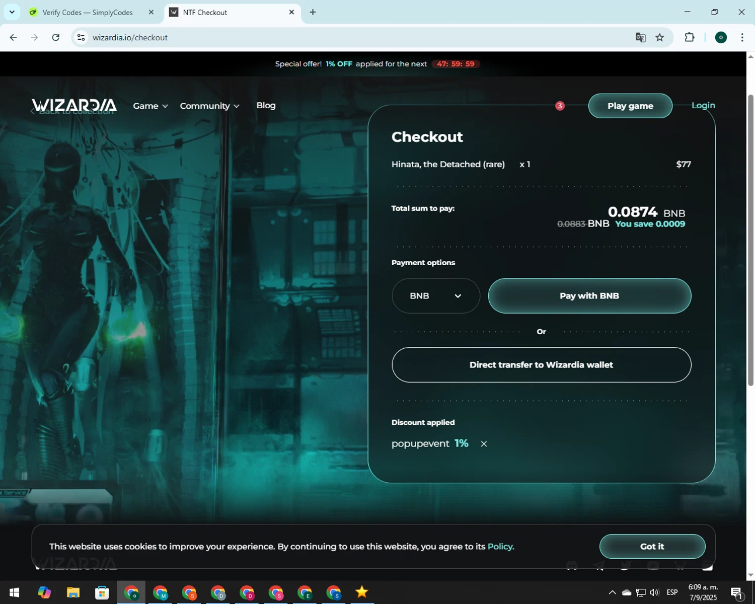 Wizardia promo code screenshot showing code POPUPEVENT applied at Wizardia checkout page. Uploaded by SimplyCodes community member 00000008 on Sep 7, 2025