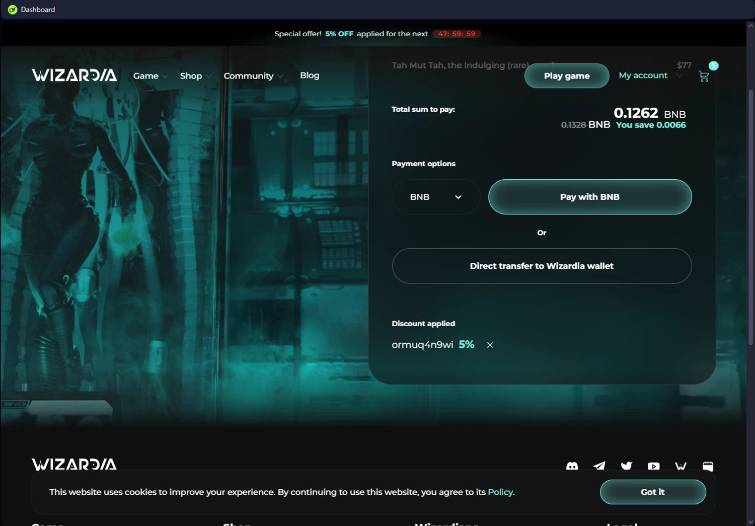 Wizardia promo code screenshot showing code ORMUQ4N9WI applied at Wizardia checkout page. Uploaded by SimplyCodes community member ScanEagle7415 on Feb 6, 2025